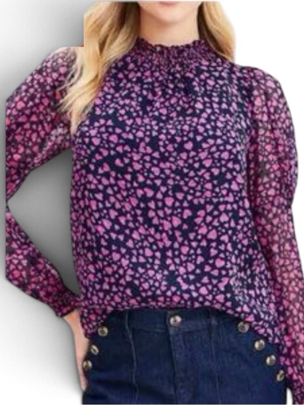 NWT LOFT Navy Pink Heart Print Smocked Blouse LARGE Feminine Romantic Shirt Top